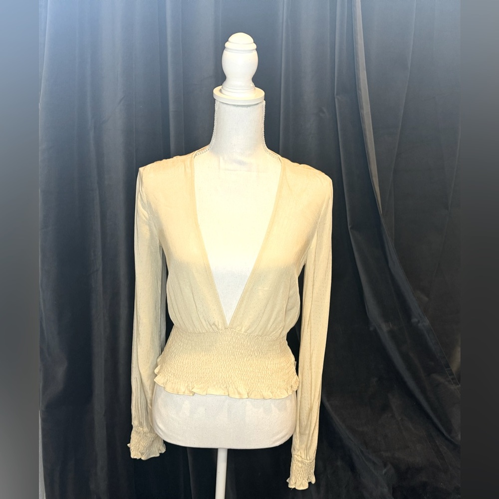 Urban Outfitters Cream Deep V Long Sleeve Top Small